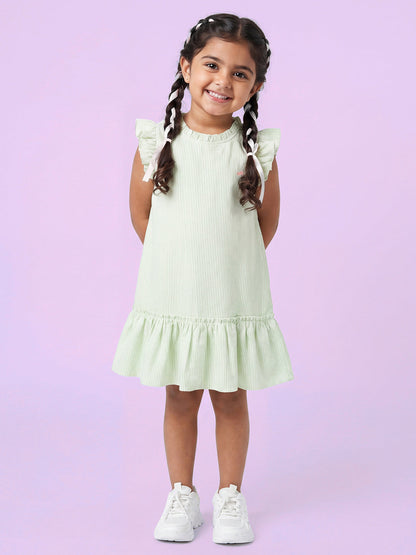 Soothing Stripes Frill Sleeves Dress for Girls (Green)