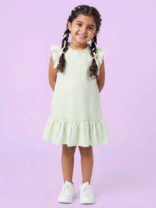 Soothing Stripes Frill Sleeves Dress for Girls (Green)