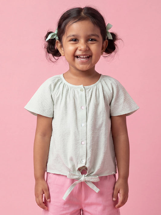 Seersucker Knot & Pop Tie-Up Top for Girls (Green)