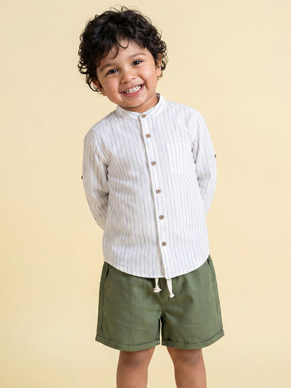 The Timeless Roll-up Sleeve Shirt for Boys (White with Blue Stripes)