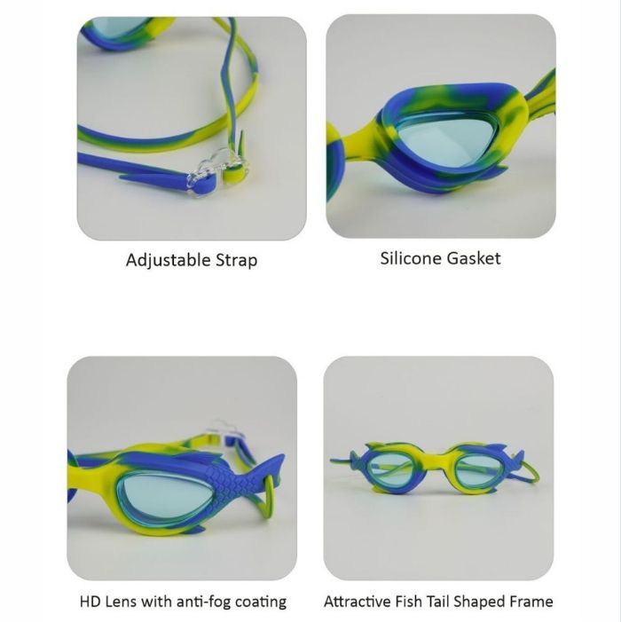 Yellow & Blue Fishtail Designed Frame, Anti-Fog UV Protection Leakproof Design Swim Goggles for Kids, 3 years - 8 years