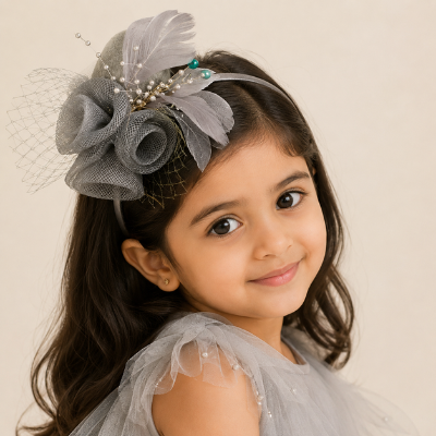 Choko Floral Mesh Rose Hat Alligator Hair Clip in Grey for Girls Elegant Party Wear Style