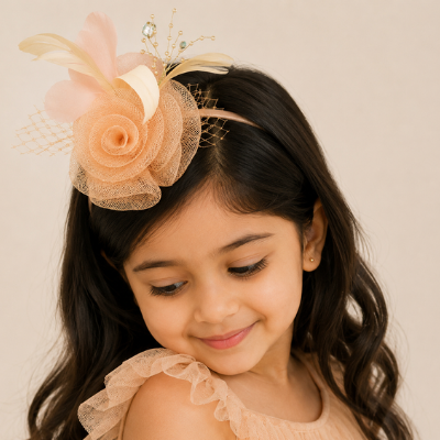 Choko Floral Mesh Rose Hat Alligator Hair Clip in Peach for Girls Elegant Party Wear Style