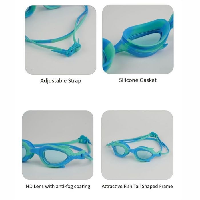 Mint & Blue Fishtail Designed Frame, Anti-Fog UV Protection Leakproof Design Swim Goggles for Kids, 3 years - 8 years