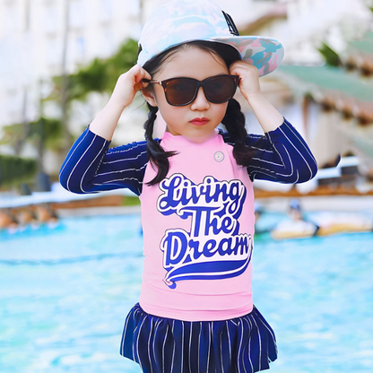 2 Pcs Live Dream, Pink & Blue Stripes Top & Skort Set, Toddlers & Kids Swimwear with Free Wash Bag & Free Swim Detergent