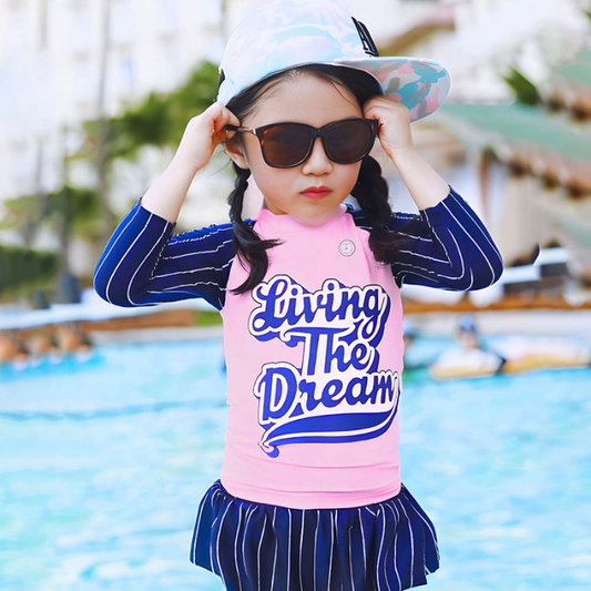 2 Pcs Live Dream, Pink & Blue Stripes Top & Skort Set, Toddlers & Kids Swimwear with Free Wash Bag & Free Swim Detergent