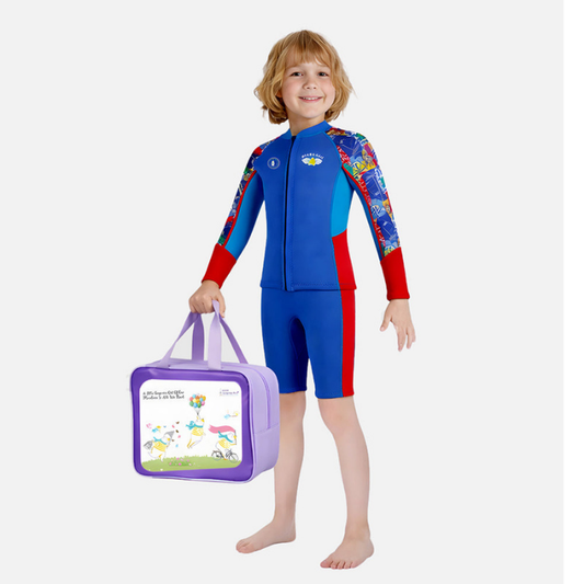 Dive 2-Piece set, Cobalt & Red Stamps Front-Zip Jacket with Knee Length Shorts, 2.5mm Neoprene Kids Swimsuit with Free Washbag