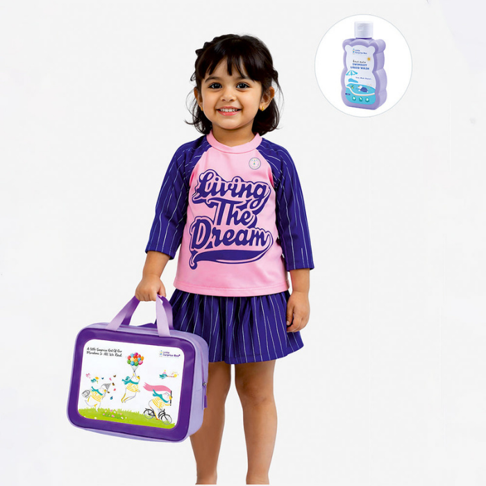 2 Pcs Live Dream, Pink & Blue Stripes Top & Skort Set, Toddlers & Kids Swimwear with Free Wash Bag & Free Swim Detergent