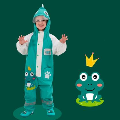 White & Teal Frog Full Jumpsuit Style Raincoat for Toddlers and Kids