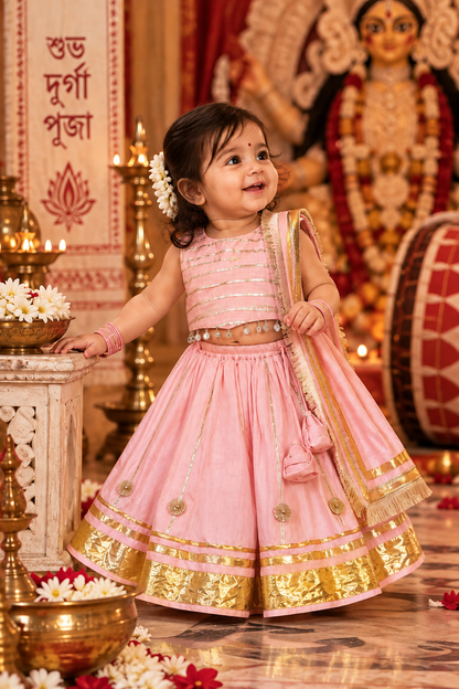 Gulab Gota Mirror Lehenga Set for Girls - Pinkish Peach