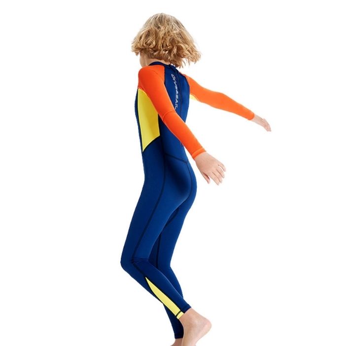 Full Length Dive Navy & Orange Printed Kids Swimwear In Upf 50+ Fabric with Free Washbag