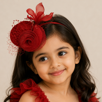 Choko Floral Mesh Rose Hat Alligator Hair Clip in Red for Girls Elegant Party Wear Style