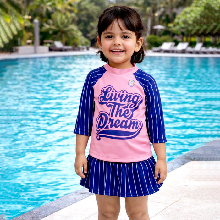 2 Pcs Live Dream, Pink & Blue Stripes Top & Skort Set, Toddlers & Kids Swimwear with Free Wash Bag & Free Swim Detergent
