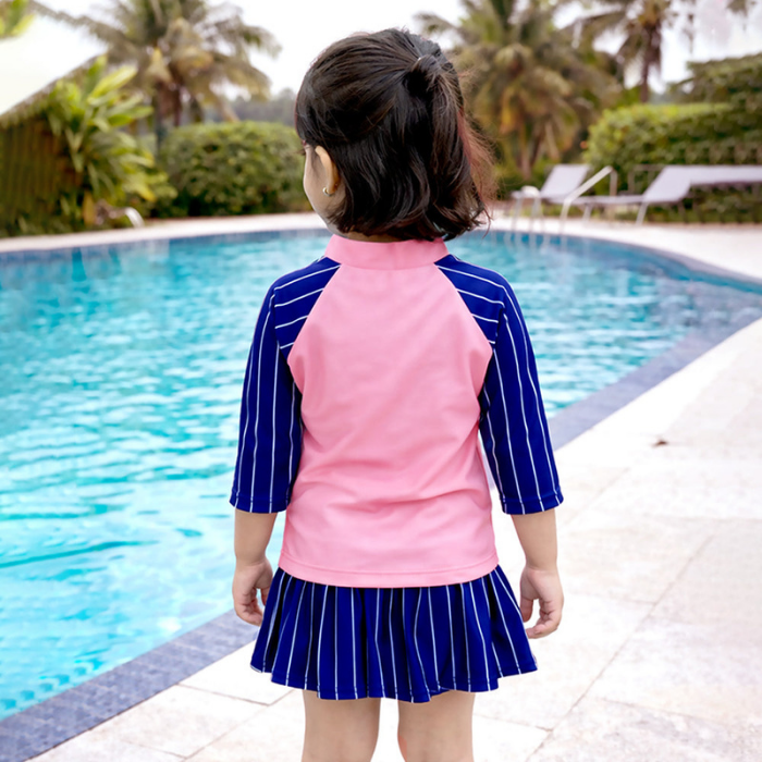 2 Pcs Live Dream, Pink & Blue Stripes Top & Skort Set, Toddlers & Kids Swimwear with Free Wash Bag & Free Swim Detergent