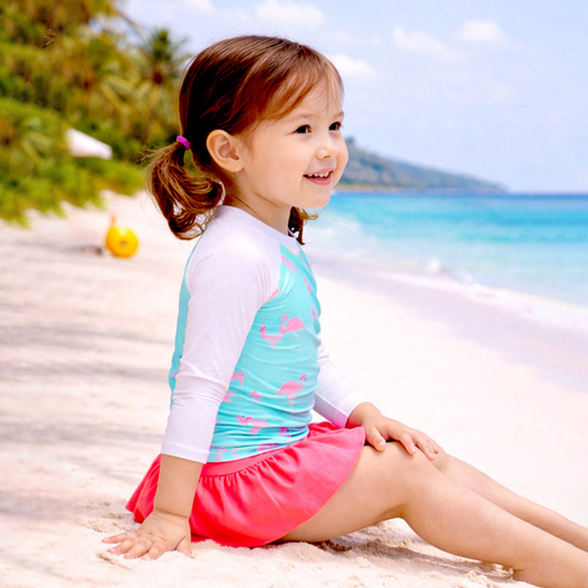 2 Pcs Pink Flamingo Top & Skort Set, Toddlers & Kids Swimwear with Free Wash Bag & Free Swim Detergent