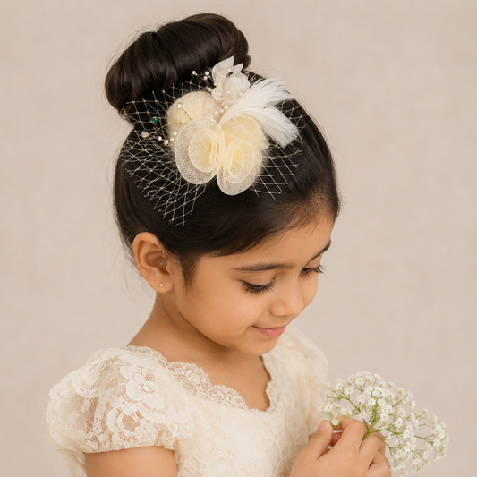 Choko Floral Mesh Rose Hat Alligator Hair Clip in White for Girls Elegant Party Wear Style