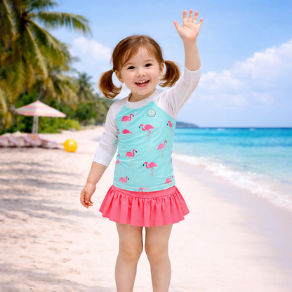 2 Pcs Pink Flamingo Top & Skort Set, Toddlers & Kids Swimwear with Free Wash Bag & Free Swim Detergent