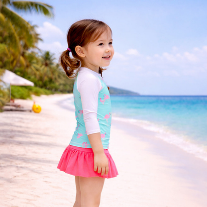 2 Pcs Pink Flamingo Top & Skort Set, Toddlers & Kids Swimwear with Free Wash Bag & Free Swim Detergent