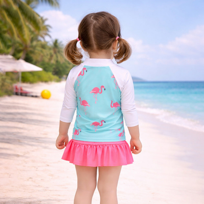 2 Pcs Pink Flamingo Top & Skort Set, Toddlers & Kids Swimwear with Free Wash Bag & Free Swim Detergent