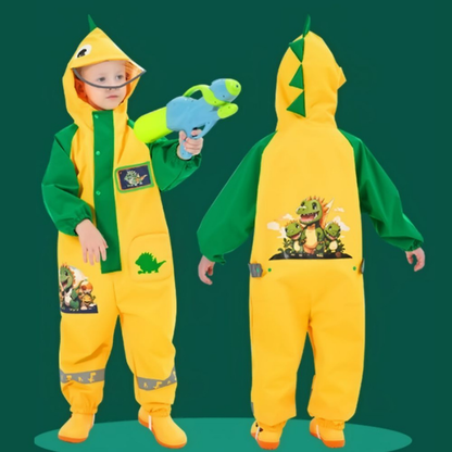 Dinosaur Friends themed Yellow Full Jumpsuit Style Raincoat for Toddlers and Kids