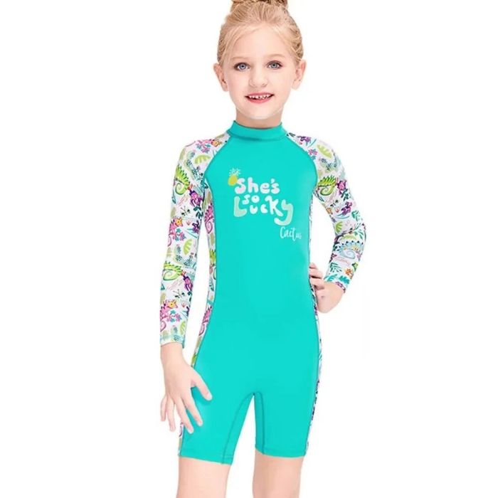 Full Sleeves Kids Swimwear Mint Green Woodland Printed Knee Length UPF 50+