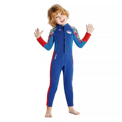 Dive Full Length, Cobalt & Red Stamp Printed Full Length 2.5mm Neoprene Kids Swimsuit with Free Washbag