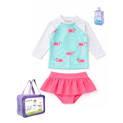 2 Pcs Pink Flamingo Top & Skort Set, Toddlers & Kids Swimwear with Free Wash Bag & Free Swim Detergent