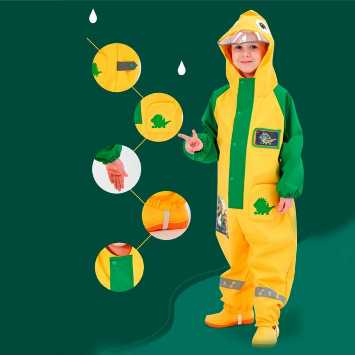 Dinosaur Friends themed Yellow Full Jumpsuit Style Raincoat for Toddlers and Kids