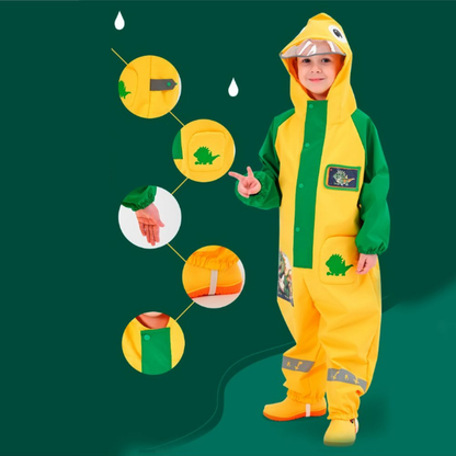 Dinosaur Friends themed Yellow Full Jumpsuit Style Raincoat for Toddlers and Kids