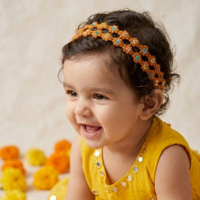 Choko Floral Sequin Crochet Hairband Handcrafted with Cheerful Crochet Flower for Girls - Orange