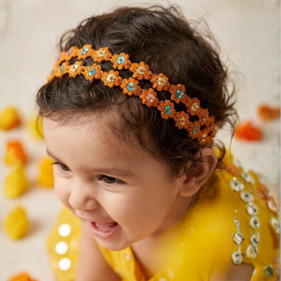 Choko Floral Sequin Crochet Hairband Handcrafted with Cheerful Crochet Flower for Girls - Orange