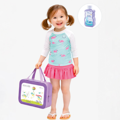 2 Pcs Pink Flamingo Top & Skort Set, Toddlers & Kids Swimwear with Free Wash Bag & Free Swim Detergent