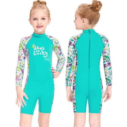 Full Sleeves Kids Swimwear Mint Green Woodland Printed Knee Length UPF 50+