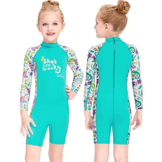 Full Sleeves Kids Swimwear Mint Green Woodland Printed Knee Length UPF 50+