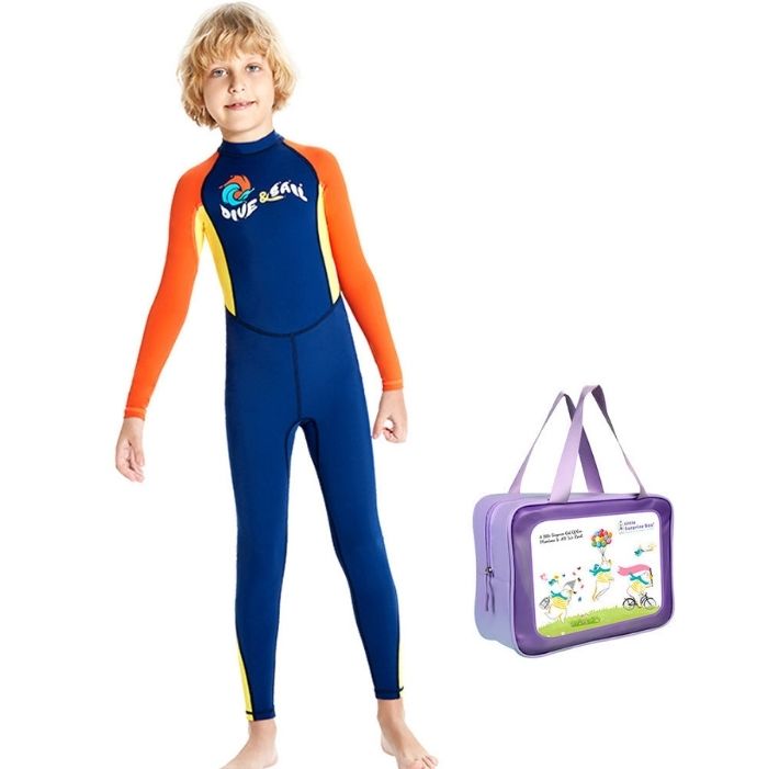 Full Length Dive Navy & Orange Printed Kids Swimwear In Upf 50+ Fabric with Free Washbag