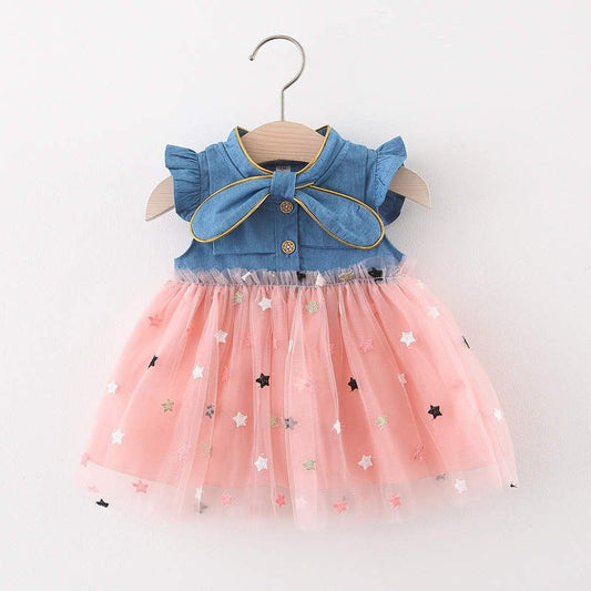 Girls' Denim Sleeveless Dress with Star-Net Skirt – Pink