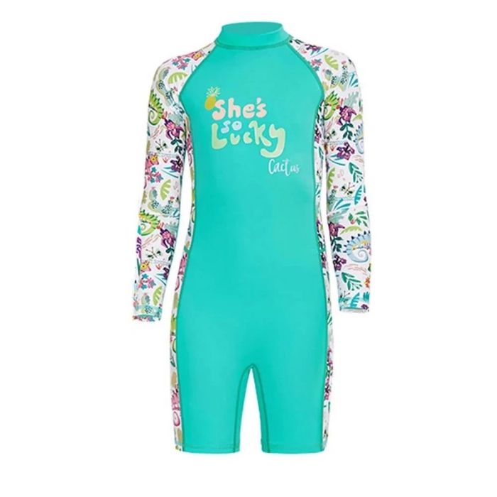 Full Sleeves Kids Swimwear Mint Green Woodland Printed Knee Length UPF 50+
