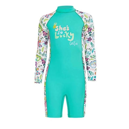 Full Sleeves Kids Swimwear Mint Green Woodland Printed Knee Length UPF 50+
