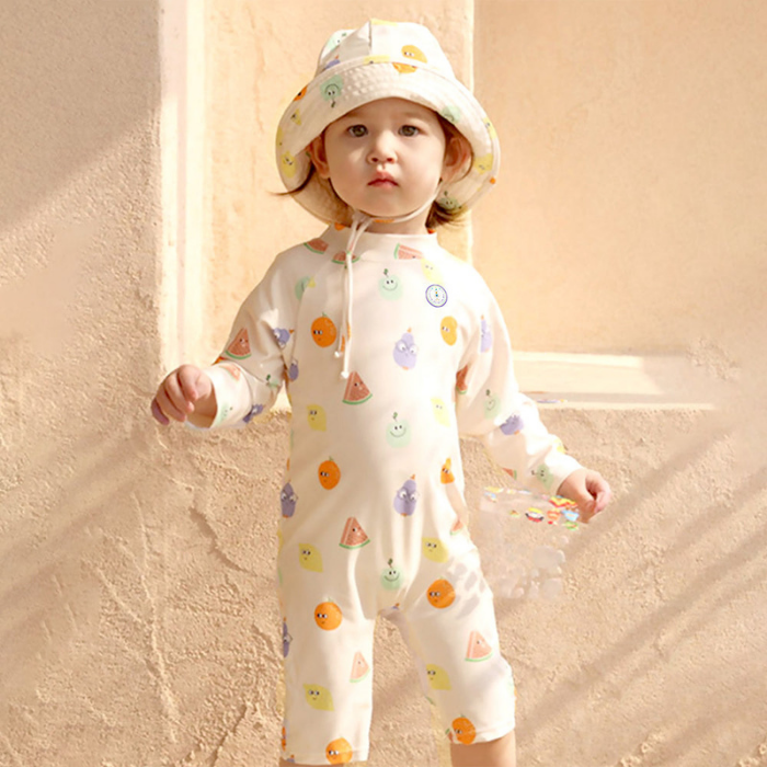 Beige Fruit Emoji, Toddlers & Kids Swimwear with matching Hat, Free Wash Bag & Free Swim Detergent