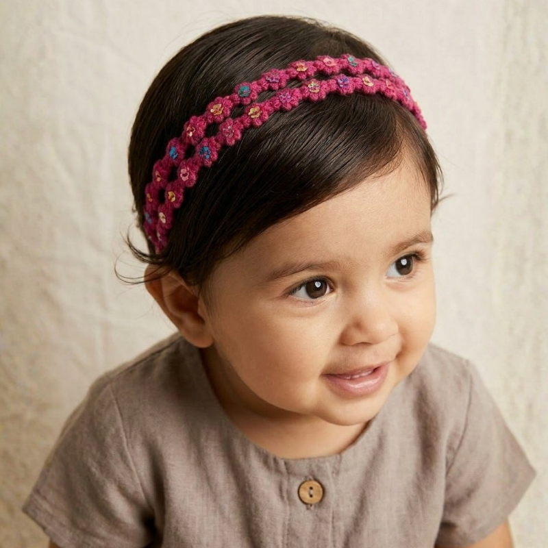 Choko Floral Sequin Crochet Hairband Handcrafted with Delicate Flower Accents for Girls - Berry Pink