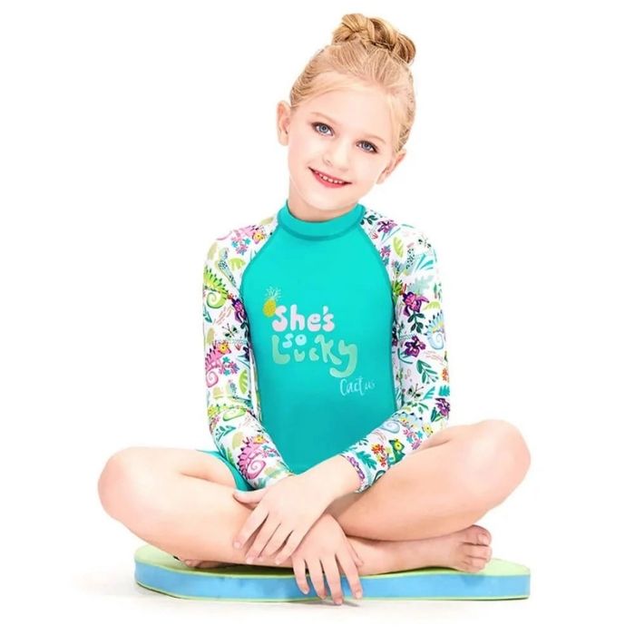 Full Sleeves Kids Swimwear Mint Green Woodland Printed Knee Length UPF 50+