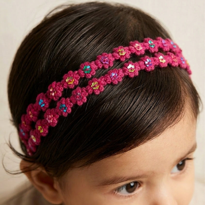 Choko Floral Sequin Crochet Hairband Handcrafted with Delicate Flower Accents for Girls - Berry Pink