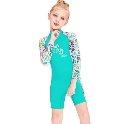 Full Sleeves Kids Swimwear Mint Green Woodland Printed Knee Length UPF 50+