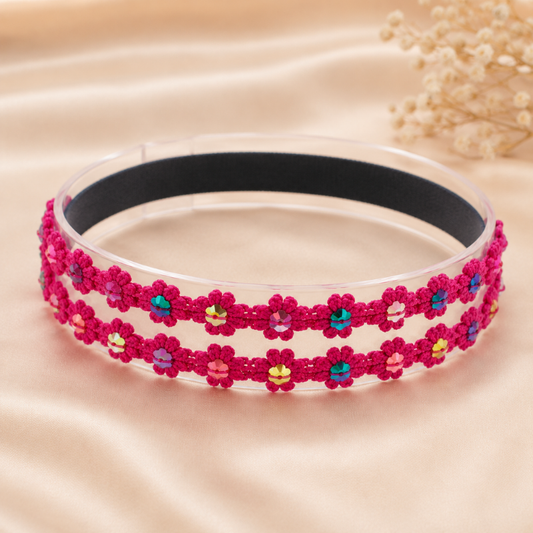 Choko Floral Sequin Crochet Hairband Handcrafted with Delicate Flower Accents for Girls - Berry Pink