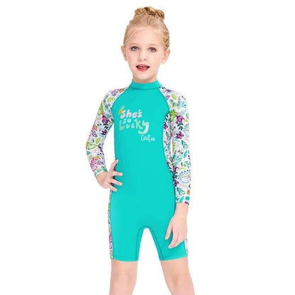 Full Sleeves Kids Swimwear Mint Green Woodland Printed Knee Length UPF 50+
