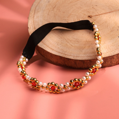 Choko Girls Beaded Headband with Golden Beads & Red Crystal Flowers -Red & Gold | Kids Accessory
