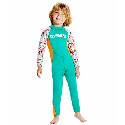 Dive Green Nautical Printed Full Length 2.5mm Neoprene Kids Swimsuit with Free Washbag