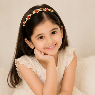 Choko Girls Beaded Headband with Golden Beads & Red Crystal Flowers -Red & Gold | Kids Accessory