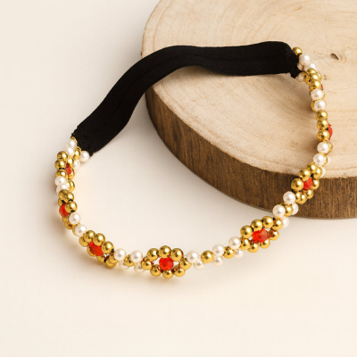Choko Girls Beaded Headband with Golden Beads & Red Crystal Flowers -Red & Gold | Kids Accessory