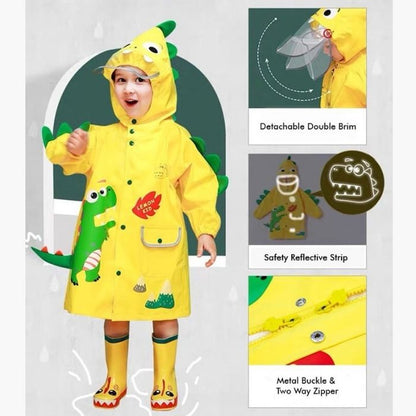 Bright Yellow 3d Dino Theme Raincoat for Kids
